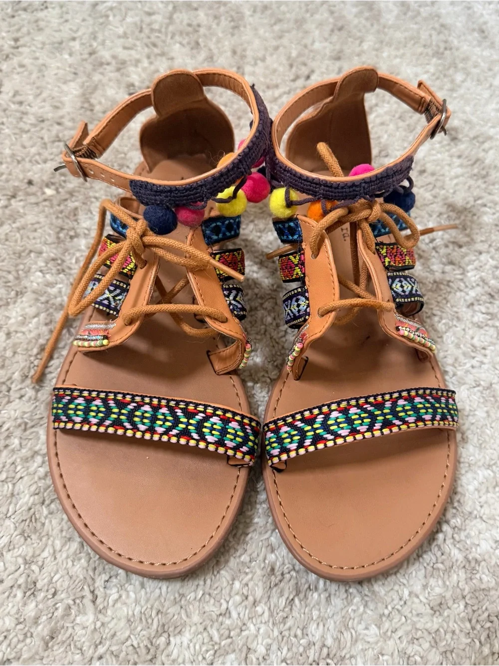 Indigo Rd. Baria Festival Flat Lace Up Sandals Colorful Boho Pom-Pom